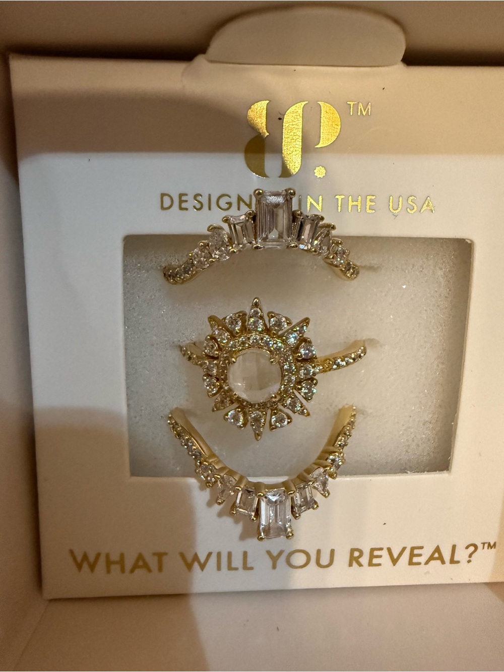 Gold Crystal Sun & Baguette Stackable Ring Set Rare Unicorn